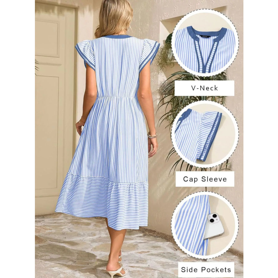 Striped Ruffle Sleeve Midi Dress Apparel and Accessories