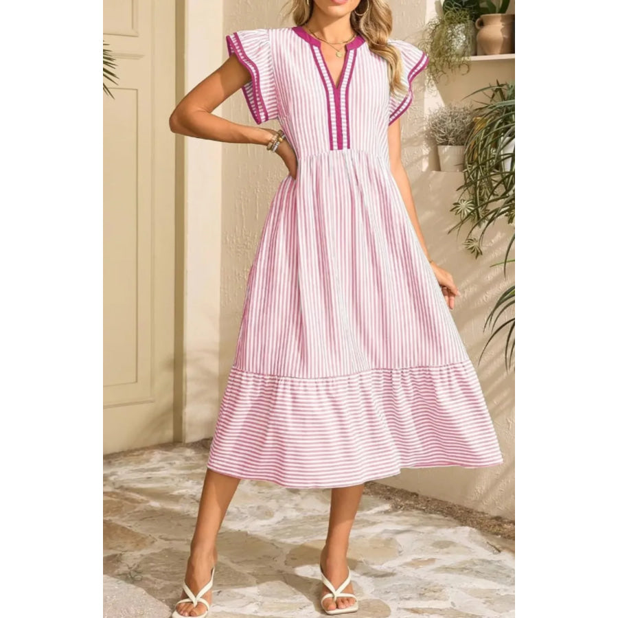 Striped Ruffle Sleeve Midi Dress Apparel and Accessories