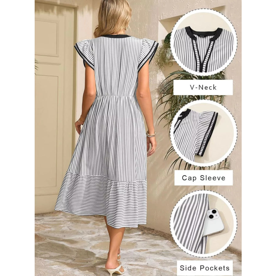 Striped Ruffle Sleeve Midi Dress Apparel and Accessories