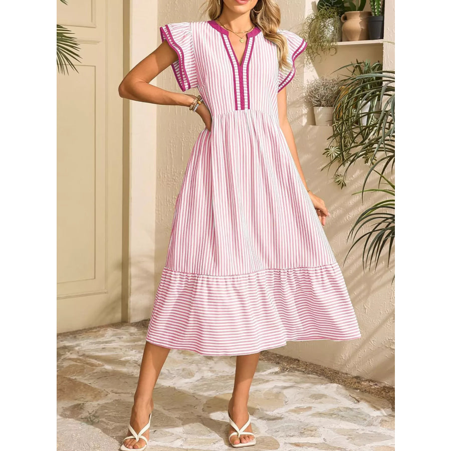 Striped Ruffle Sleeve Midi Dress Apparel and Accessories