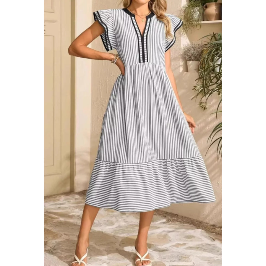 Striped Ruffle Sleeve Midi Dress Apparel and Accessories