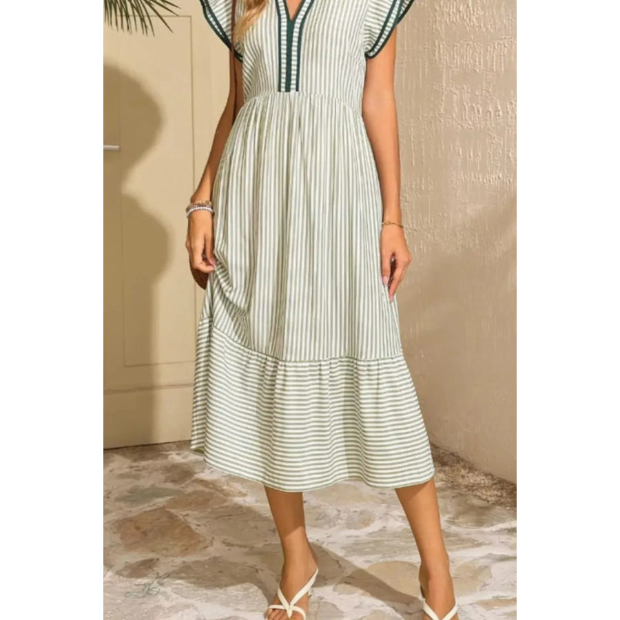 Striped Ruffle Sleeve Midi Dress Apparel and Accessories
