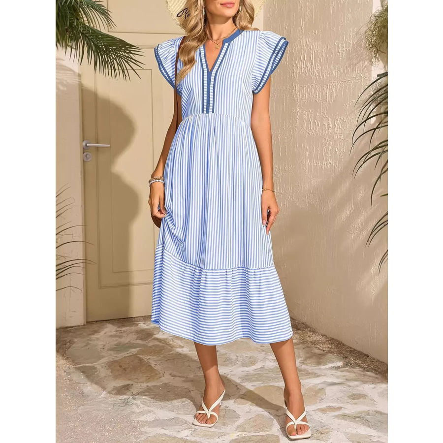 Striped Ruffle Sleeve Midi Dress Apparel and Accessories