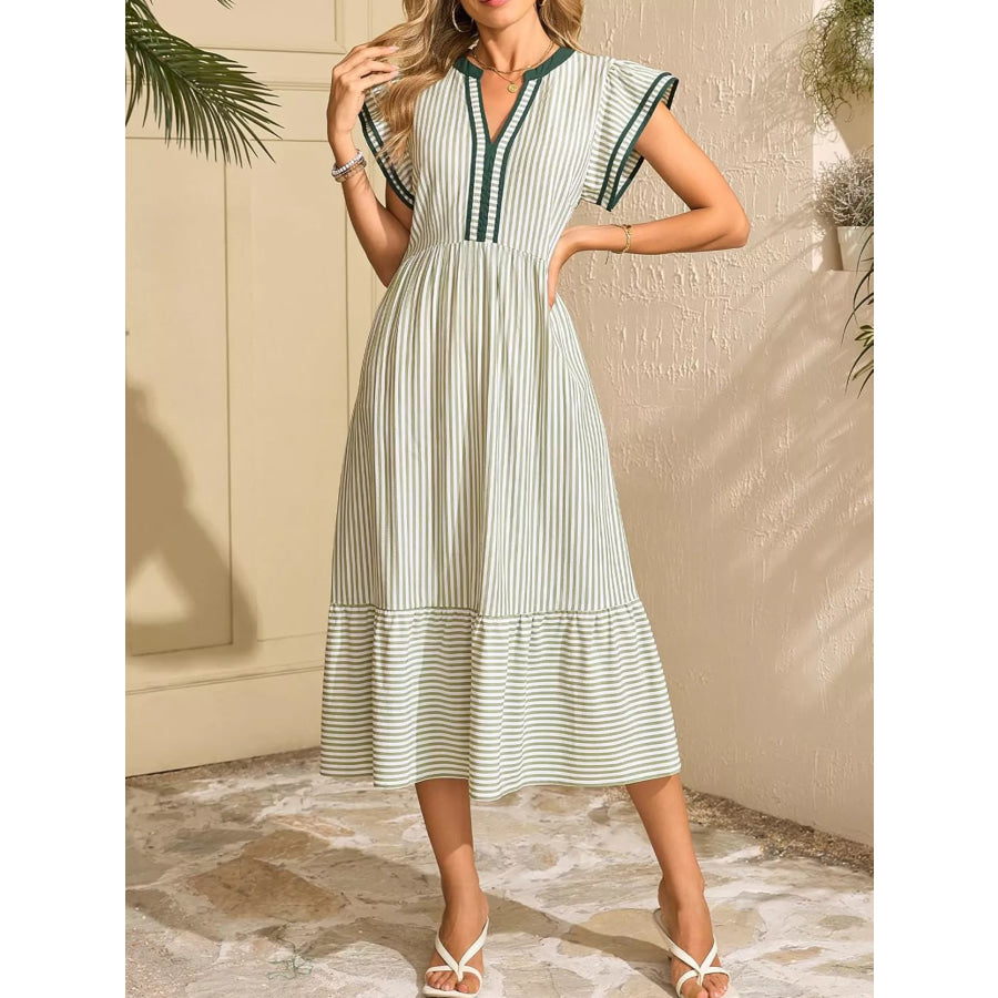 Striped Ruffle Sleeve Midi Dress Apparel and Accessories