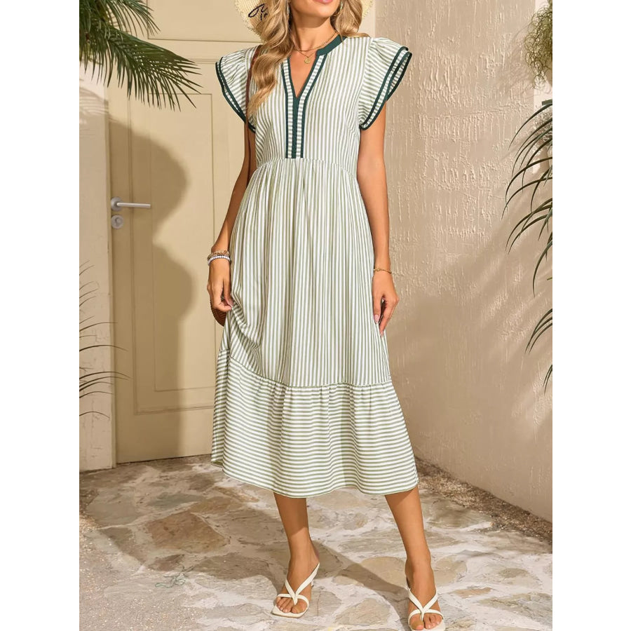 Striped Ruffle Sleeve Midi Dress Apparel and Accessories