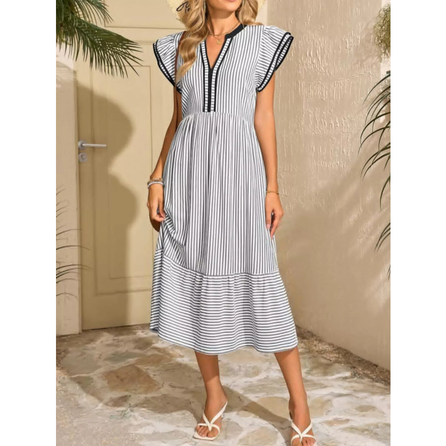 Striped Ruffle Sleeve Midi Dress Apparel and Accessories