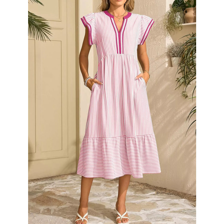 Striped Ruffle Sleeve Midi Dress Apparel and Accessories