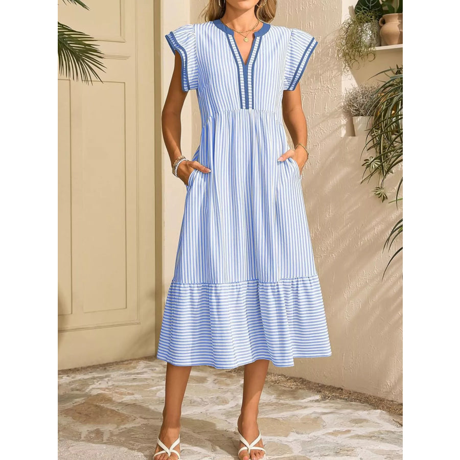 Striped Ruffle Sleeve Midi Dress Apparel and Accessories