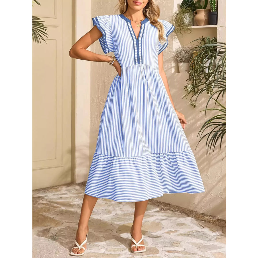 Striped Ruffle Sleeve Midi Dress Apparel and Accessories
