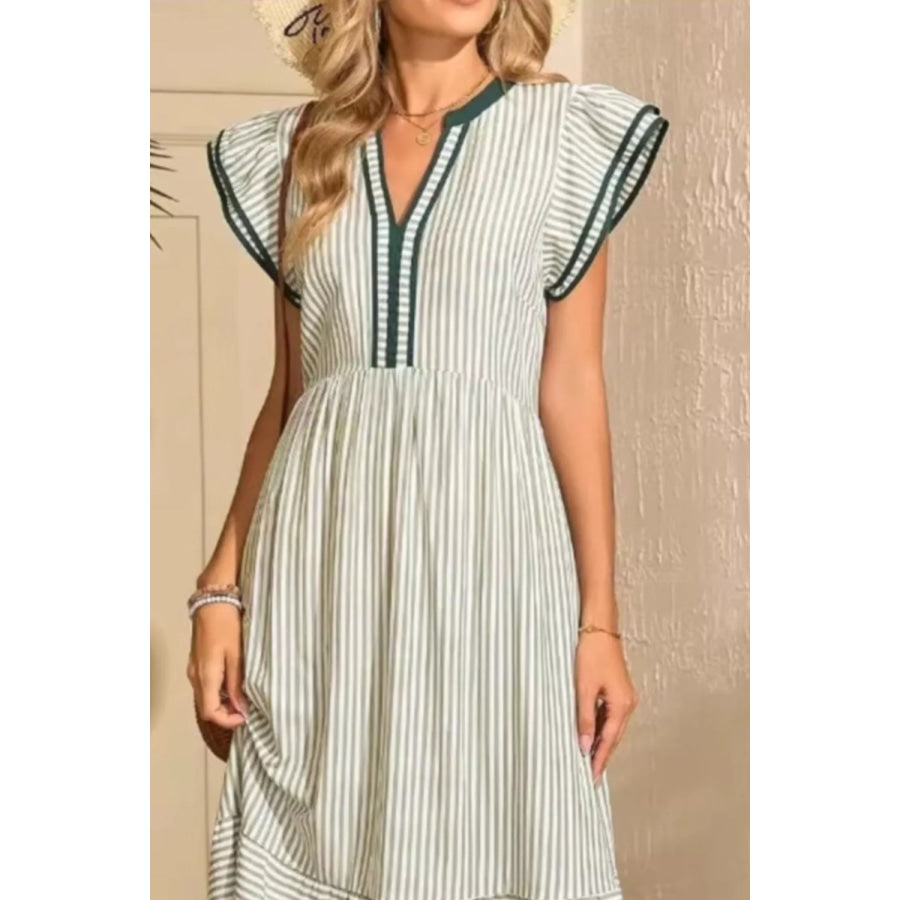 Striped Ruffle Sleeve Midi Dress Apparel and Accessories