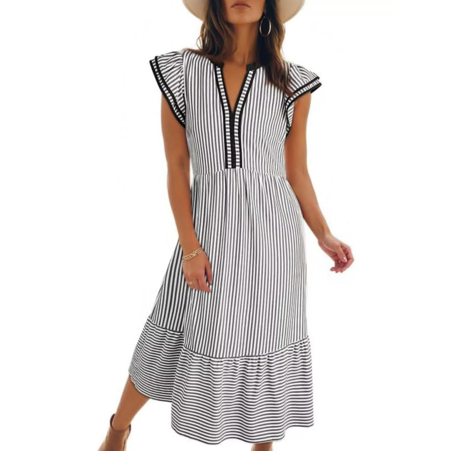 Striped Ruffle Sleeve Midi Dress Black / S Apparel and Accessories