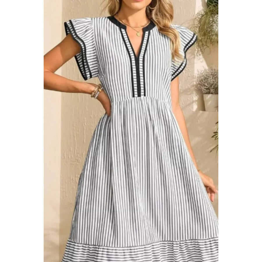 Striped Ruffle Sleeve Midi Dress Black / S Apparel and Accessories