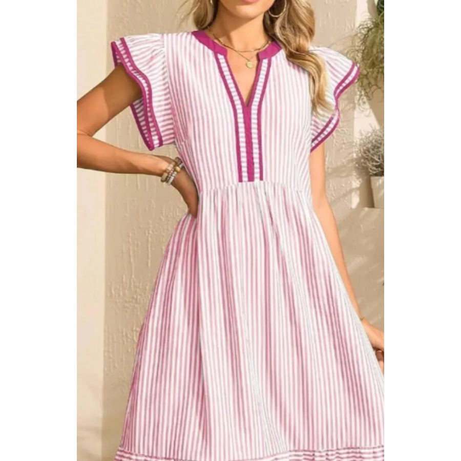 Striped Ruffle Sleeve Midi Dress Apparel and Accessories