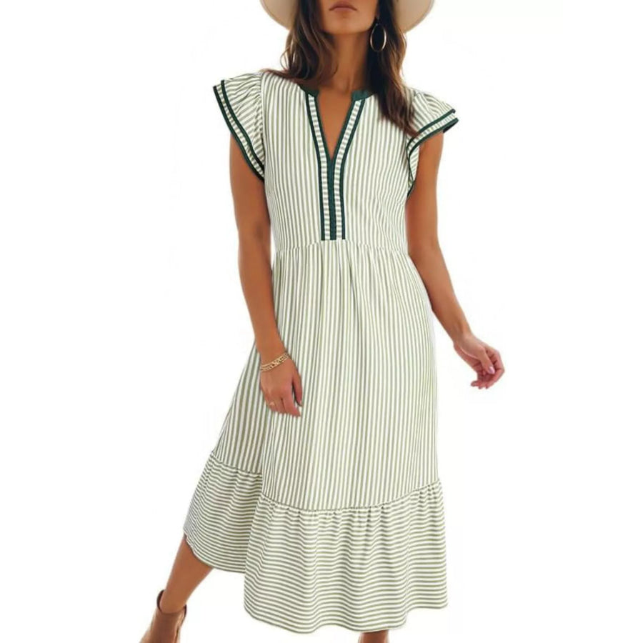 Striped Ruffle Sleeve Midi Dress Green / S Apparel and Accessories