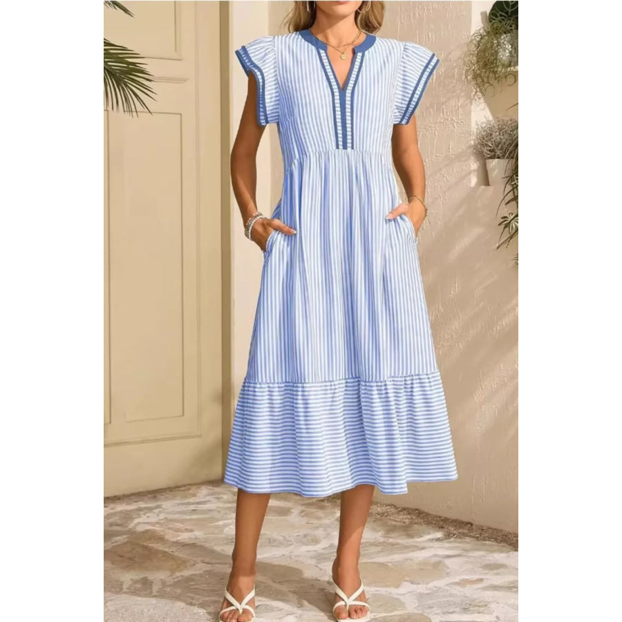 Striped Ruffle Sleeve Midi Dress Light Blue / S Apparel and Accessories