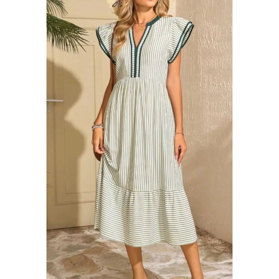 Striped Ruffle Sleeve Midi Dress Moss / S Apparel and Accessories