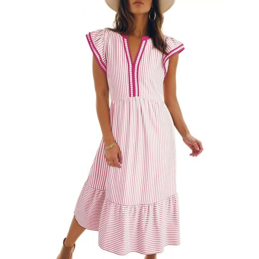 Striped Ruffle Sleeve Midi Dress Pink / S Apparel and Accessories