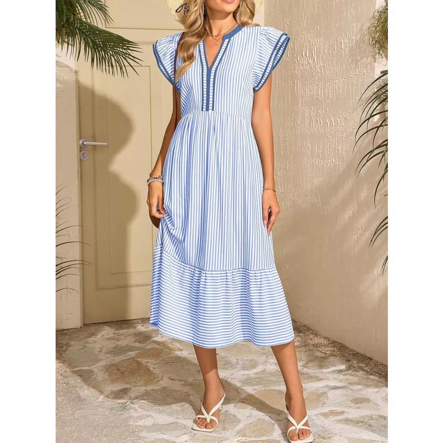 Striped Ruffle Sleeve Midi Dress Sky Blue / S Apparel and Accessories