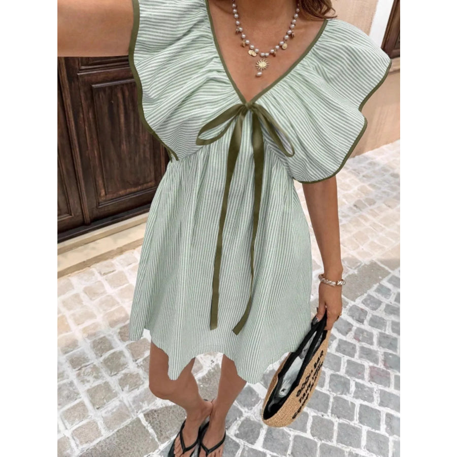 Striped Ruffle Sleeve Mini Dress Apparel and Accessories