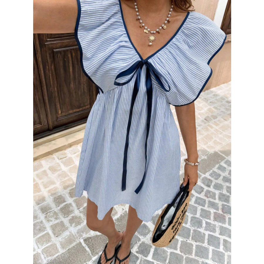 Striped Ruffle Sleeve Mini Dress Apparel and Accessories