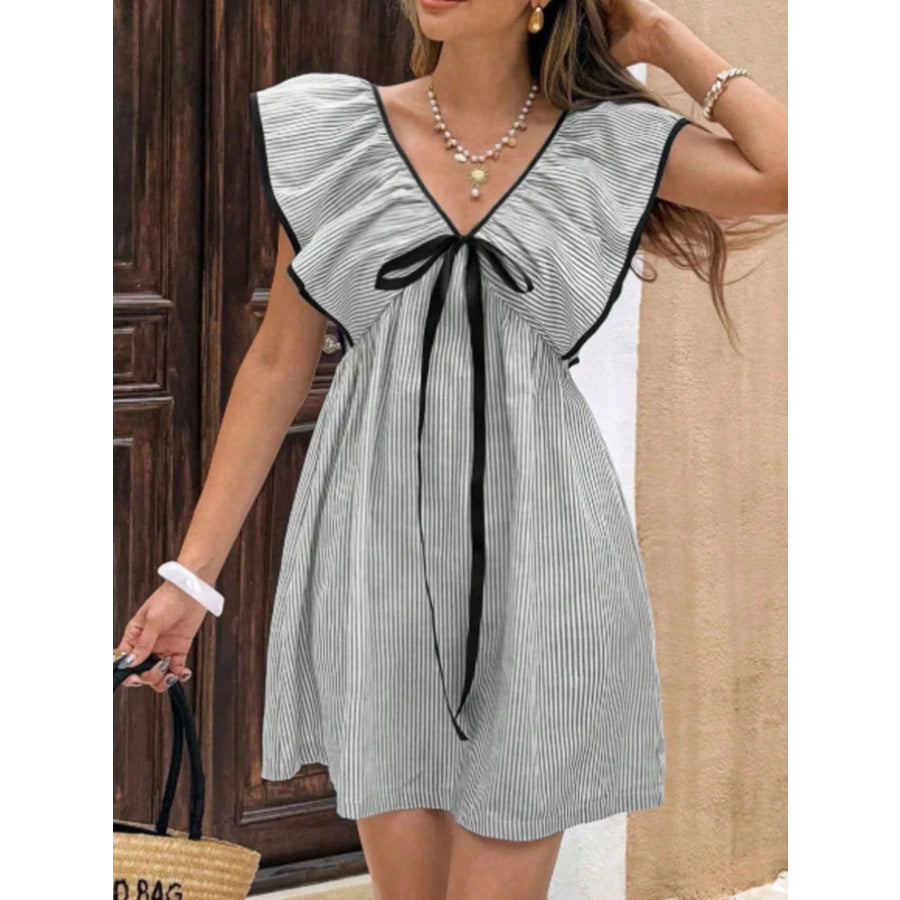 Striped Ruffle Sleeve Mini Dress Black / S Apparel and Accessories