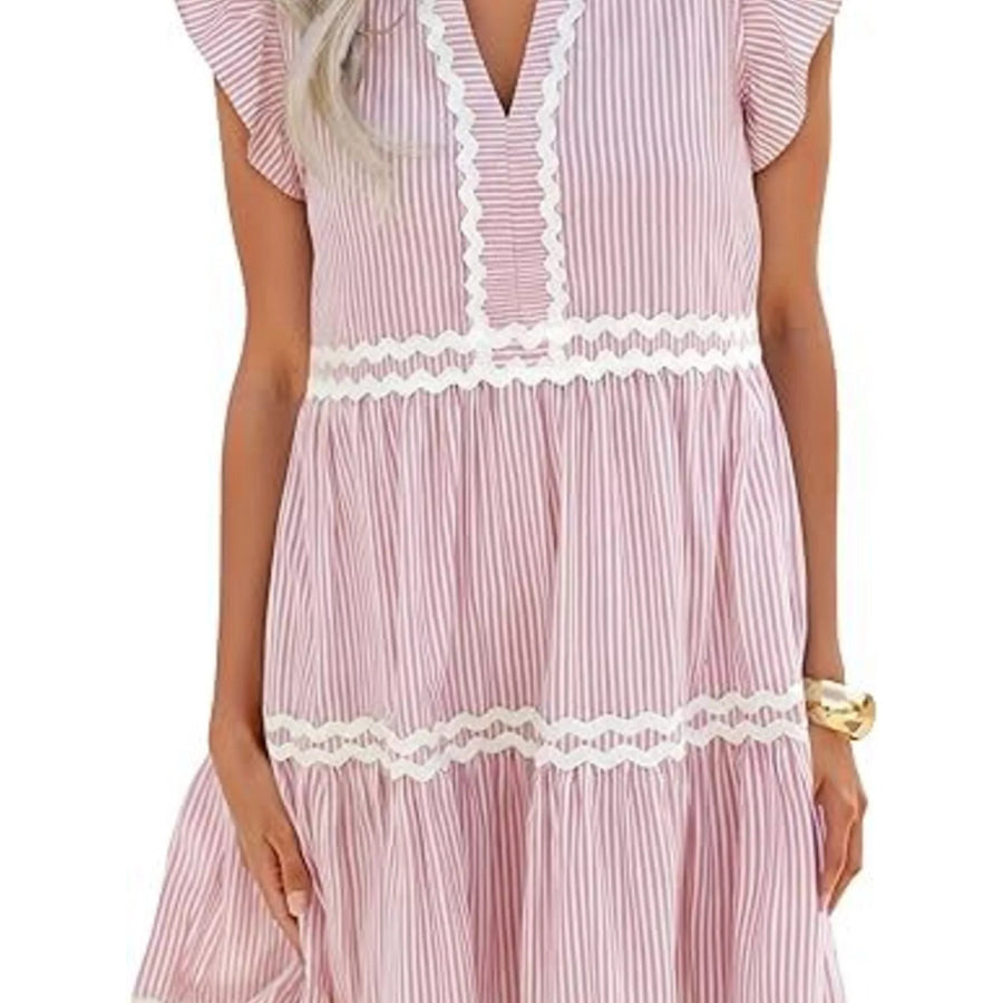 Striped Ruffle Sleeve Tiered Dress Apparel and Accessories