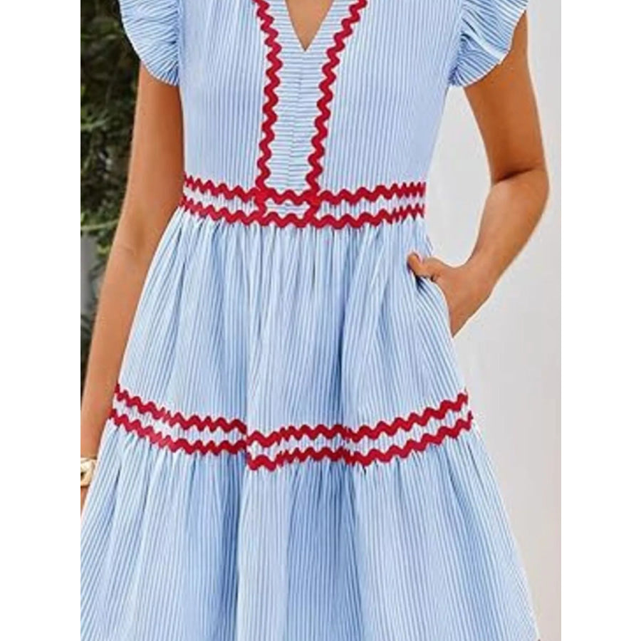 Striped Ruffle Sleeve Tiered Dress Apparel and Accessories