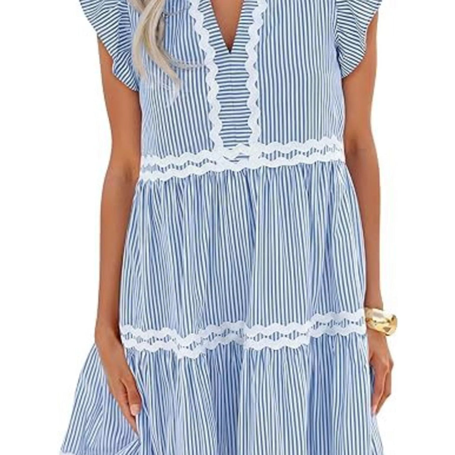 Striped Ruffle Sleeve Tiered Dress Apparel and Accessories