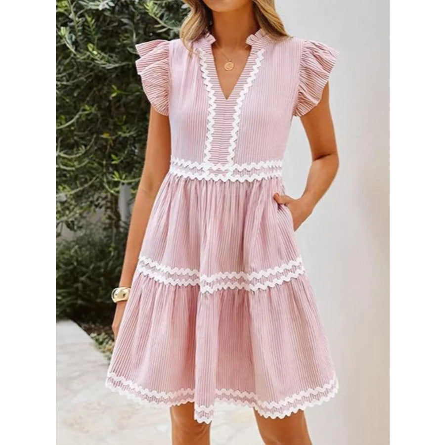 Striped Ruffle Sleeve Tiered Dress Blush Pink / S Apparel and Accessories