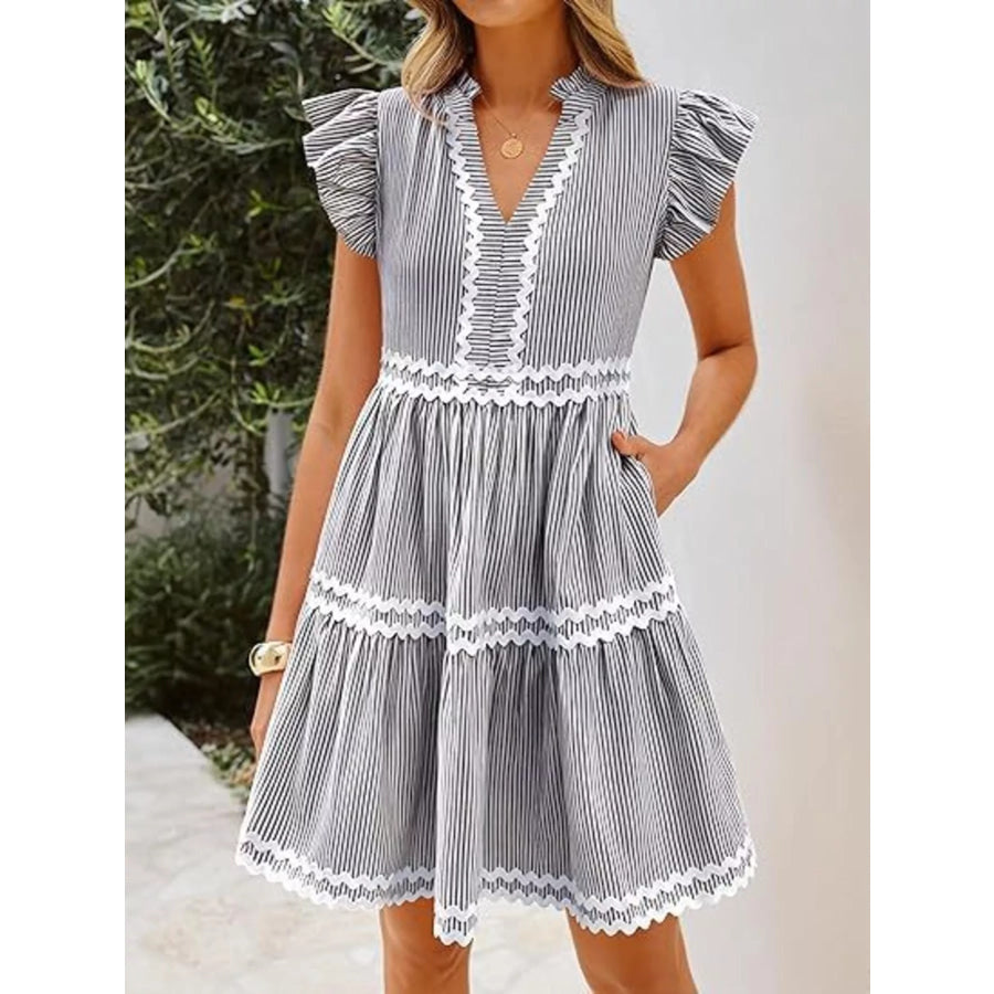 Striped Ruffle Sleeve Tiered Dress Gray / S Apparel and Accessories