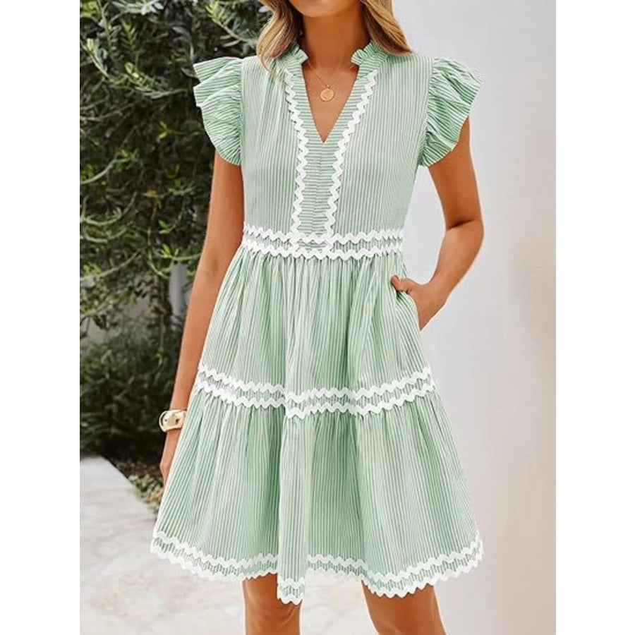 Striped Ruffle Sleeve Tiered Dress Gum Leaf / S Apparel and Accessories