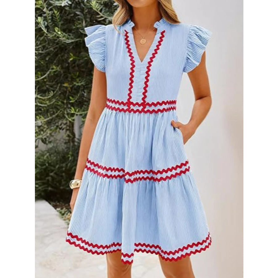 Striped Ruffle Sleeve Tiered Dress Light Blue / S Apparel and Accessories
