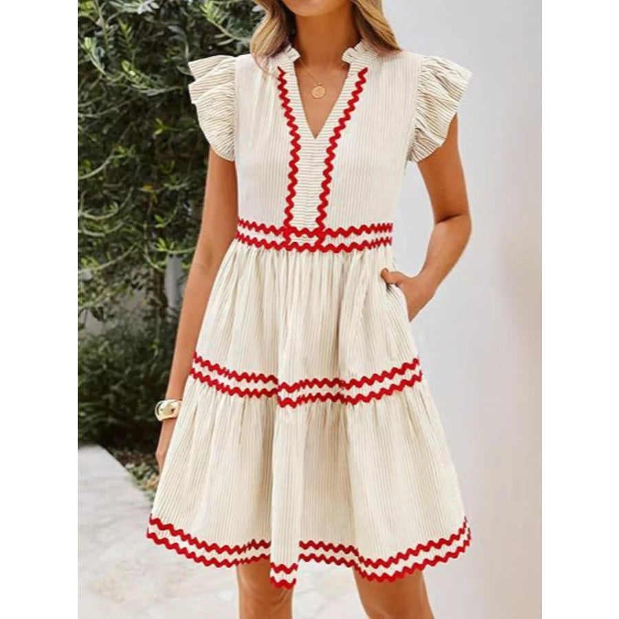Striped Ruffle Sleeve Tiered Dress Pastel Yellow / S Apparel and Accessories