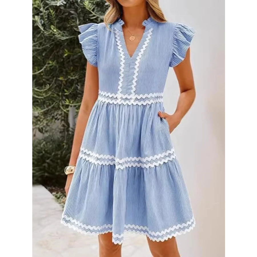 Striped Ruffle Sleeve Tiered Dress White / S Apparel and Accessories