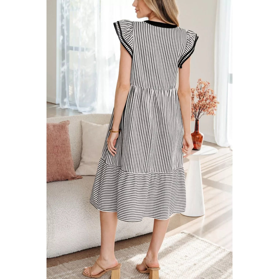 Striped Ruffle Sleeve Tiered Midi Dress Black / S Apparel and Accessories
