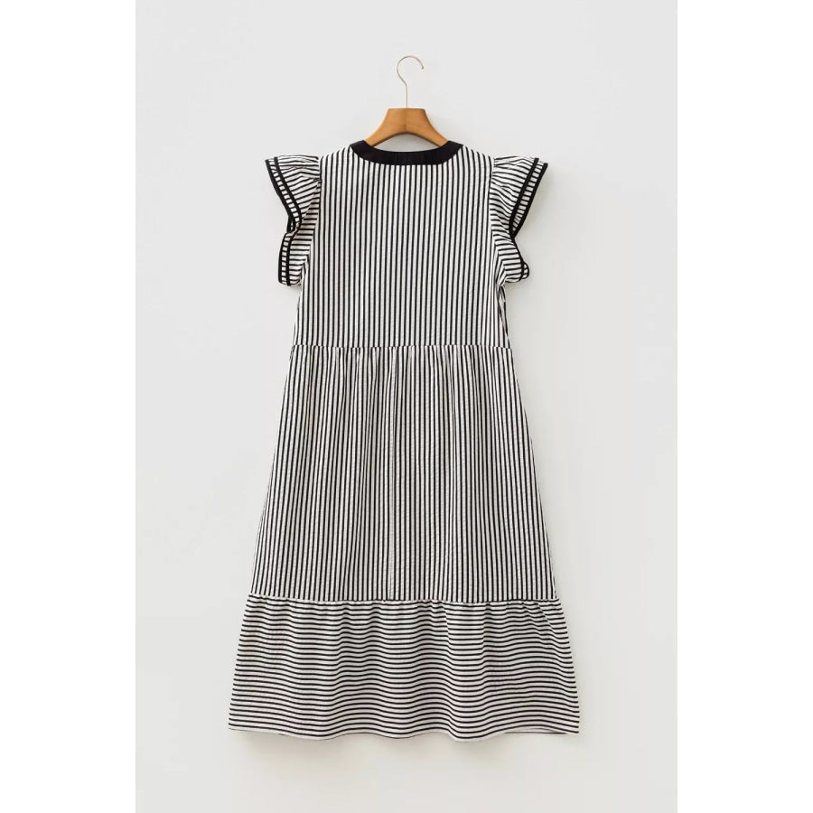 Striped Ruffle Sleeve Tiered Midi Dress Apparel and Accessories