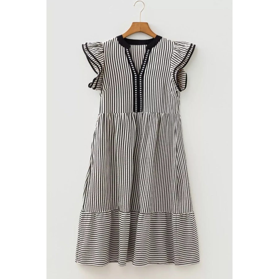 Striped Ruffle Sleeve Tiered Midi Dress Apparel and Accessories