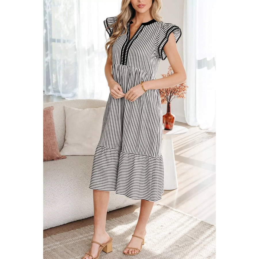 Striped Ruffle Sleeve Tiered Midi Dress Black / S Apparel and Accessories