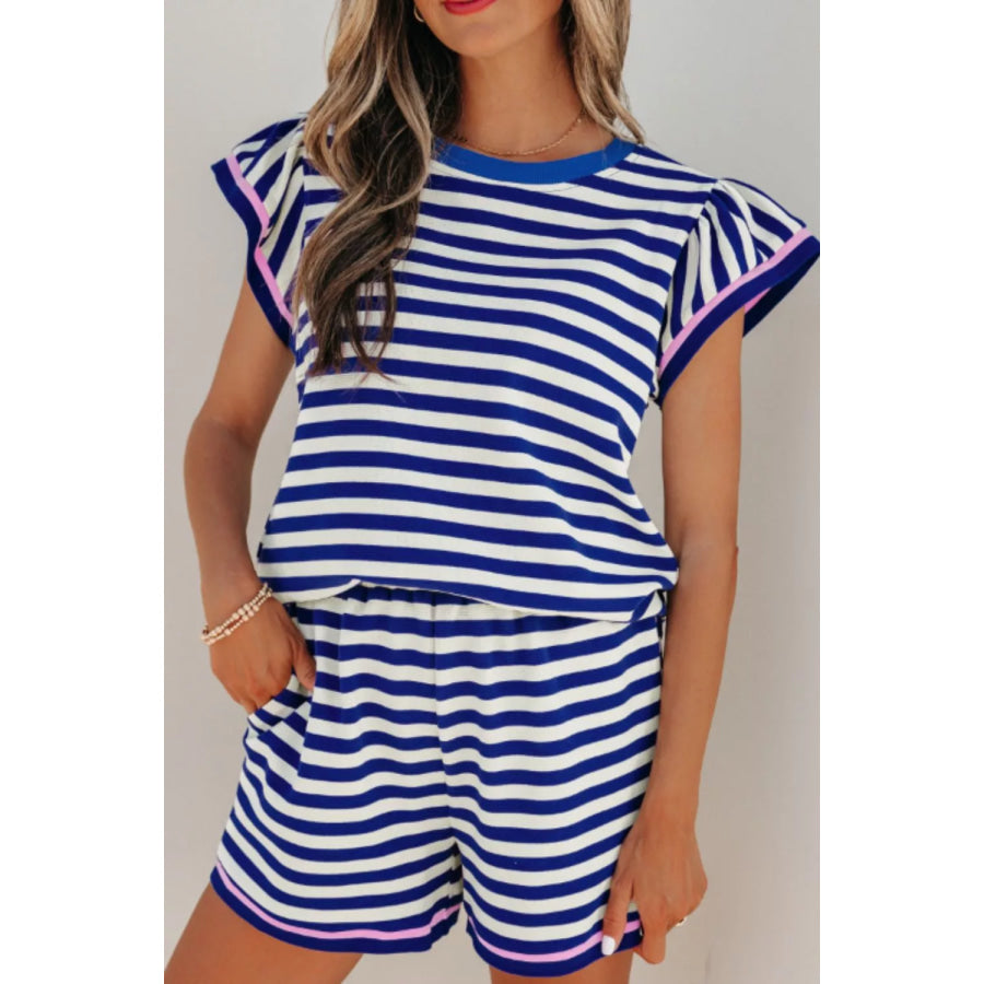 Striped Ruffle Sleeve Top and Shorts Set Apparel and Accessories