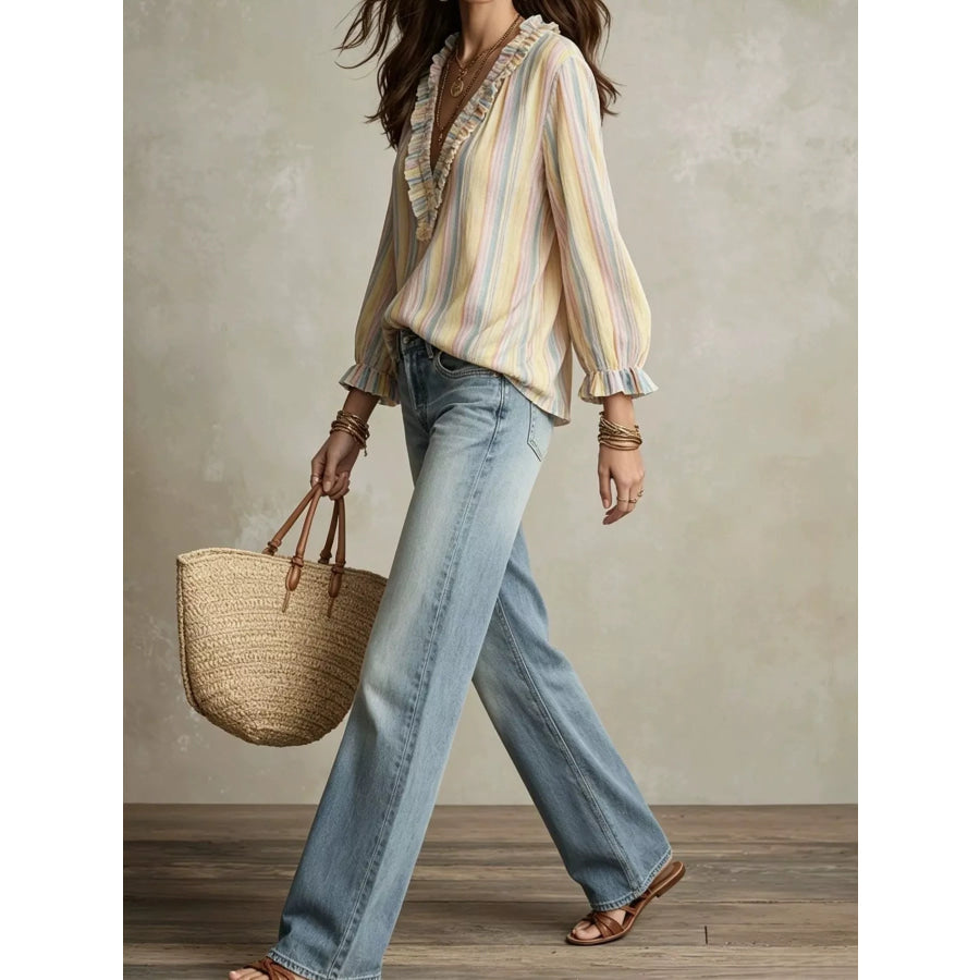 Striped Ruffle-Trim V-Neck Blouse Apparel and Accessories