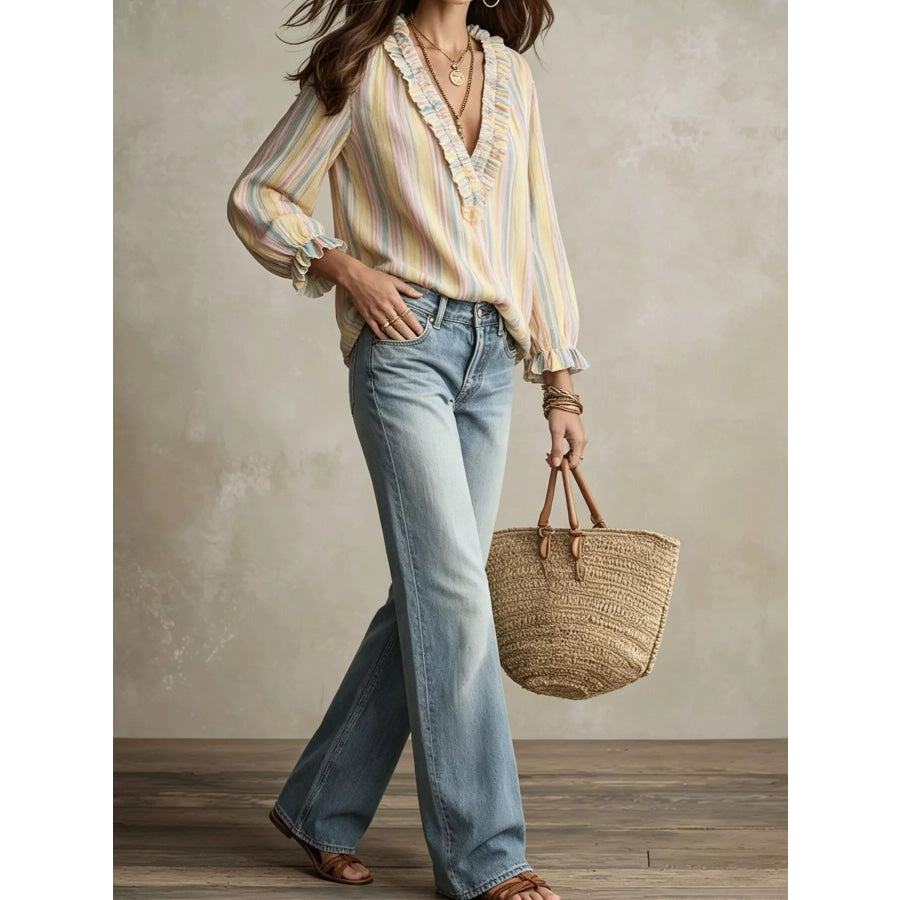 Striped Ruffle-Trim V-Neck Blouse Apparel and Accessories
