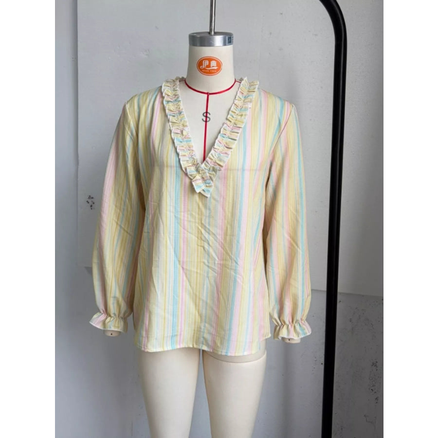 Striped Ruffle-Trim V-Neck Blouse Apparel and Accessories