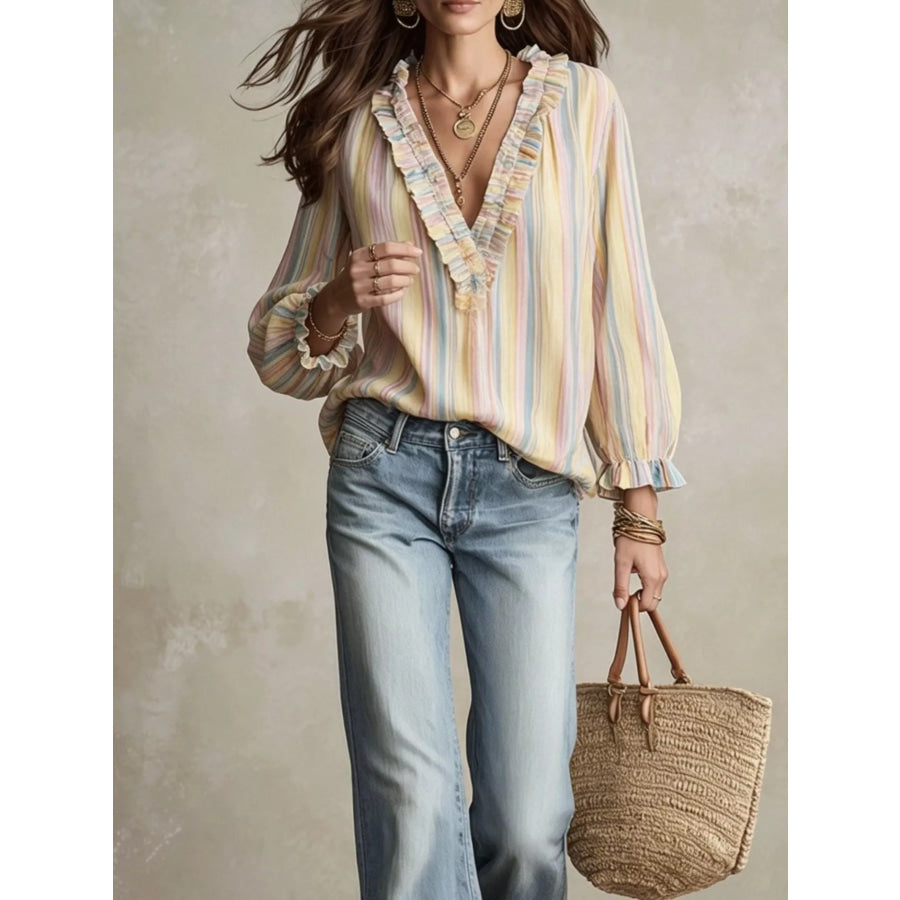 Striped Ruffle-Trim V-Neck Blouse Apparel and Accessories