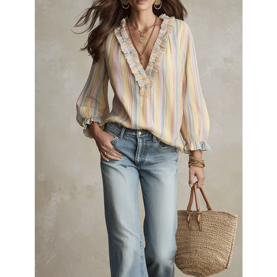 Striped Ruffle-Trim V-Neck Blouse Pastel Yellow / S Apparel and Accessories
