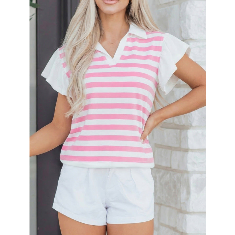 Striped Ruffled Sleeve Blouse Blush Pink / M Apparel and Accessories