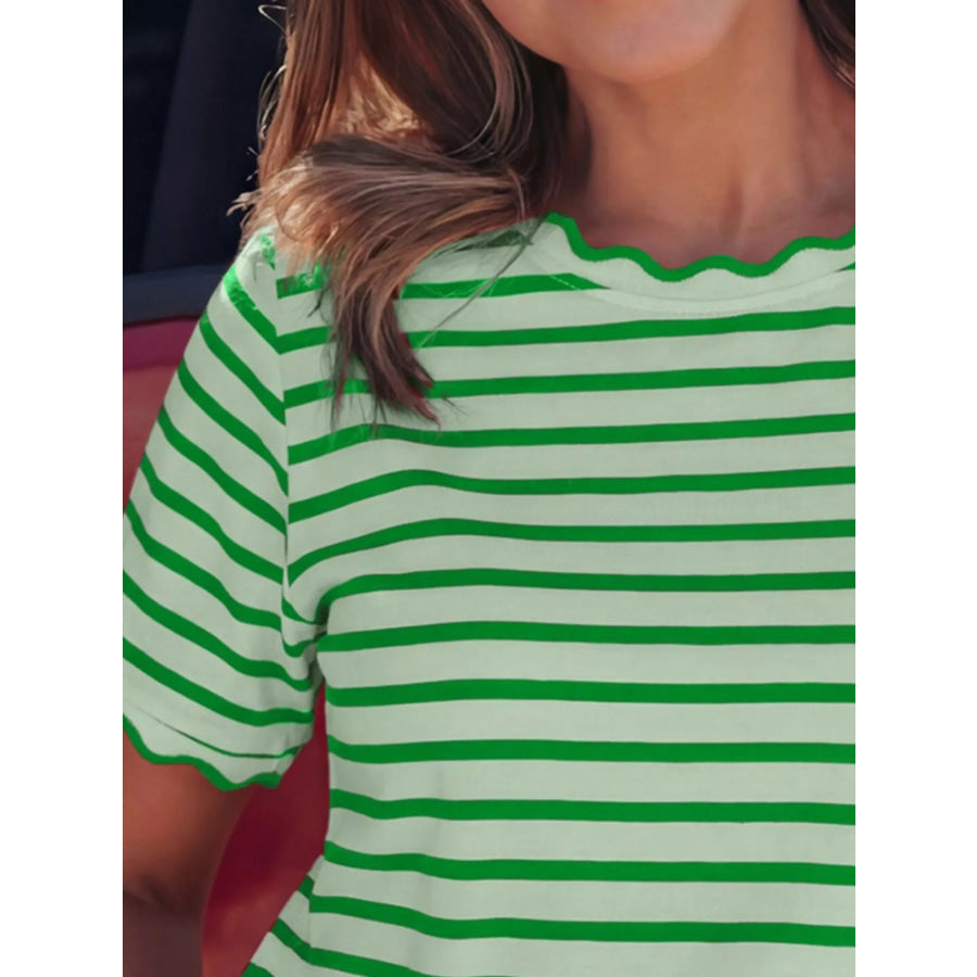 Striped Scallop-Trimmed Round Neck T-Shirt Apparel and Accessories