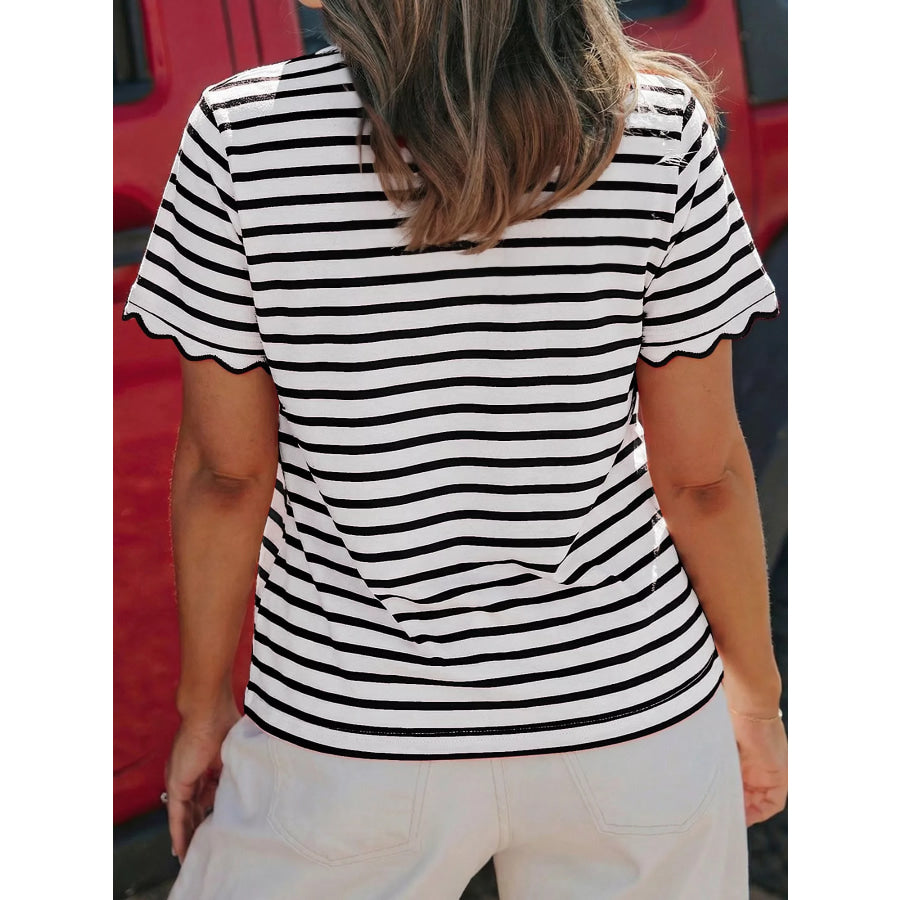 Striped Scallop-Trimmed Round Neck T-Shirt Apparel and Accessories