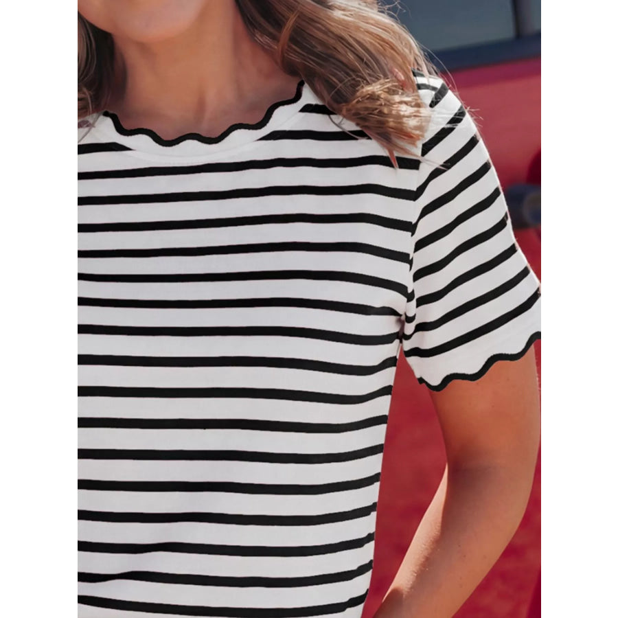 Striped Scallop-Trimmed Round Neck T-Shirt Apparel and Accessories