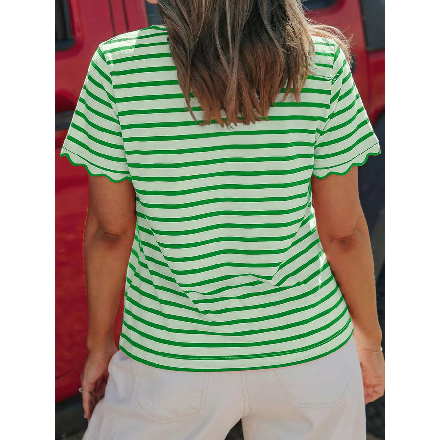 Striped Scallop-Trimmed Round Neck T-Shirt Apparel and Accessories