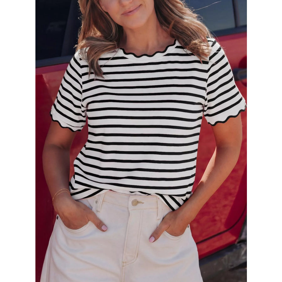 Striped Scallop-Trimmed Round Neck T-Shirt Black / S Apparel and Accessories